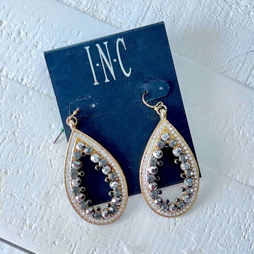 I.N.C International Concepts Gold Black and Crystal Stone Teardrop Earrings